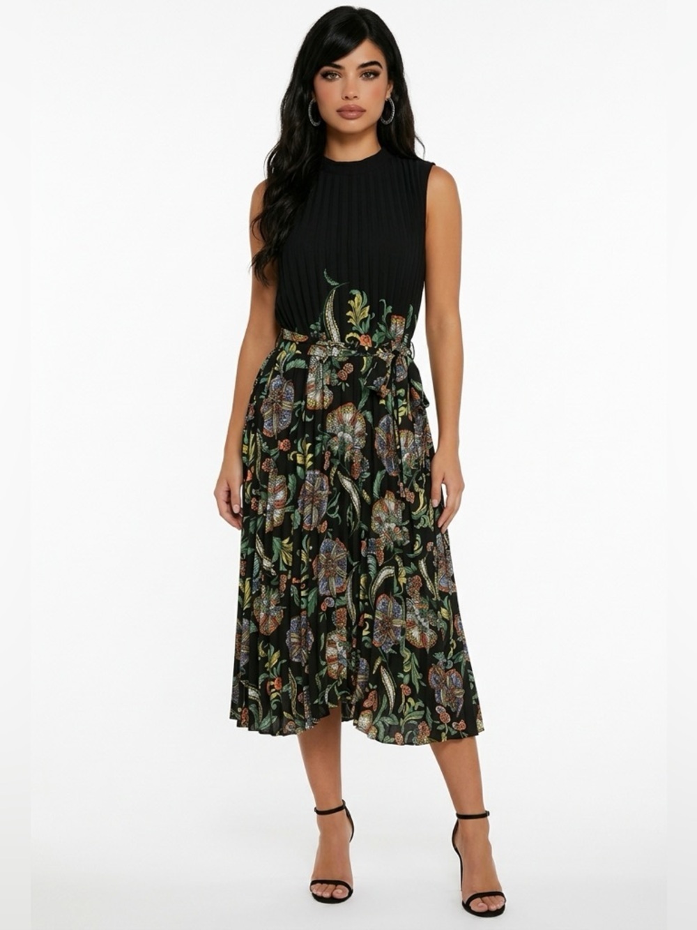 NWT Tahari SZ 10 black/orange/green/blue pleated dress/bust 40”-44”
